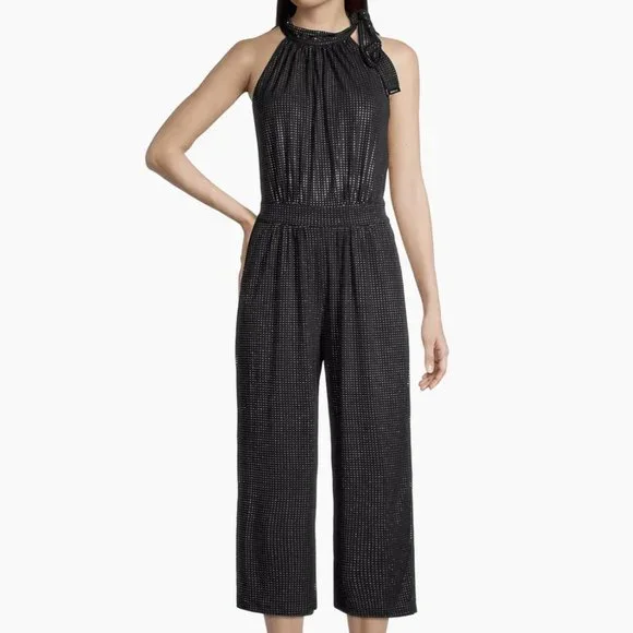 Michael Kors Women's Embellished Tie Neck Jumpsuit Black/Silver Size Medium